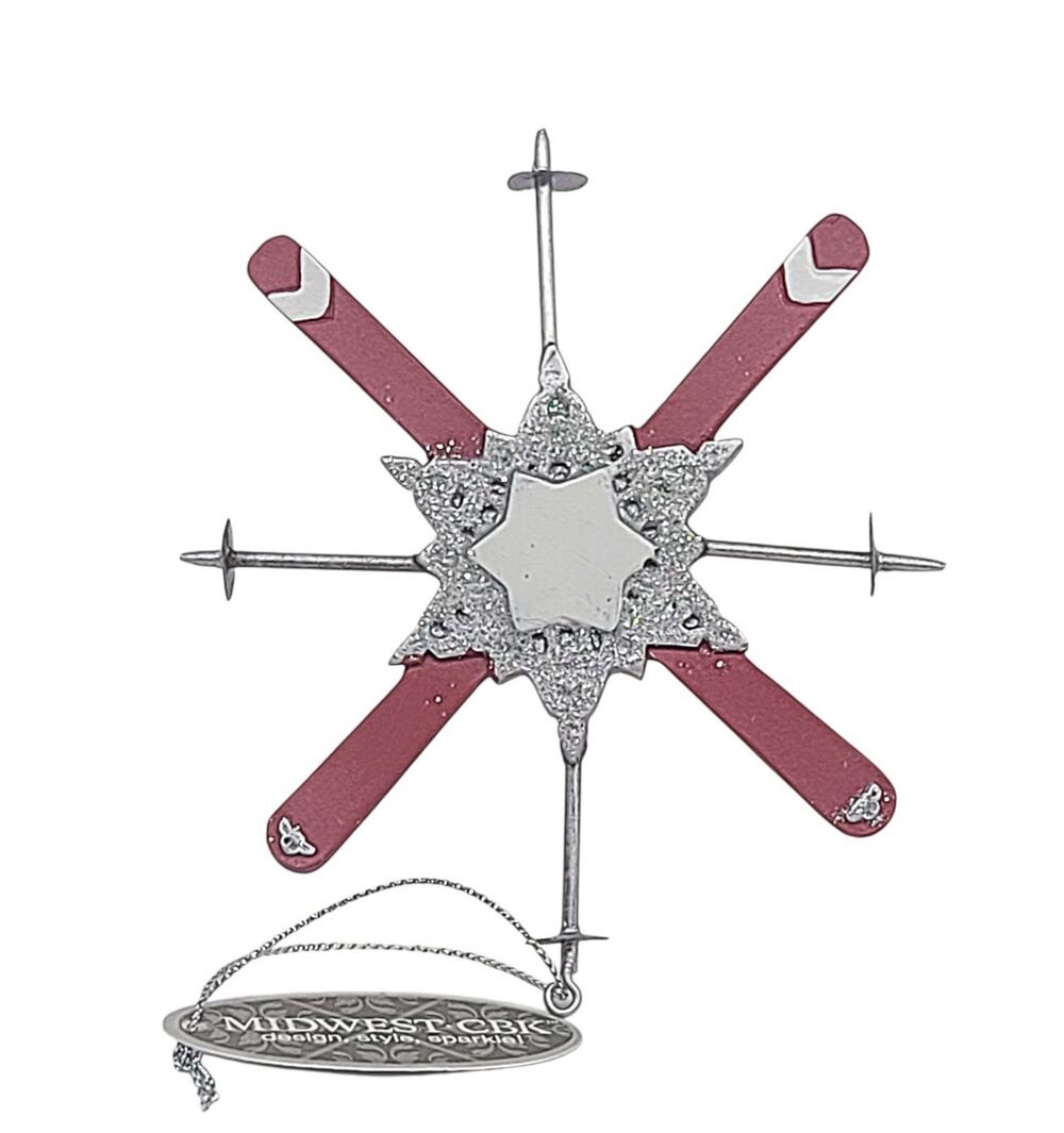 Midwest CBK Snow Skis And Poles Red Silver Christmas Tag Tree Ornament 4" CL71